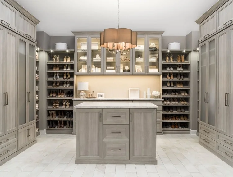 Built-in storage with glass cabinets
